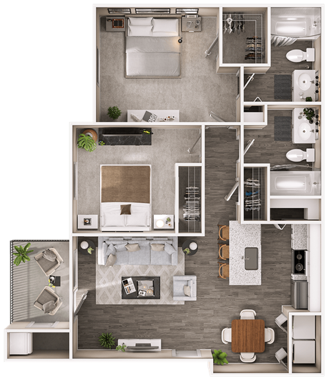 Floor plan for 2 beds, 2 baths, 871 sqft